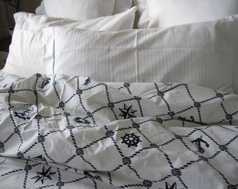 Nautical Duvet Cover, Anchor & Compass Print, Oversized King Cotton Bedding