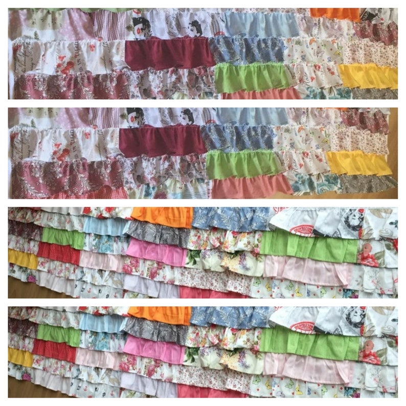 May include: A multi-colored fabric strip with multiple layers of ruffles. The fabric is a patchwork of different floral patterns and colors, including pink, red, blue, green, and yellow.