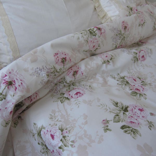 Shabby chic bedding . Vintage Floral Duvet cover Queen .pastel cream pink roses. oversize duvet cover Super King 120x120 120x98 Nurdanceyiz