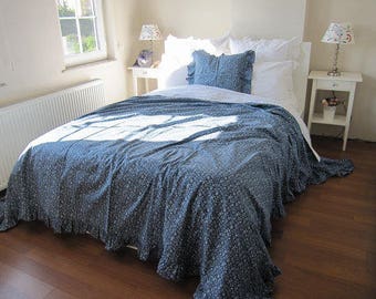 Ruffled Bedspread Coverlet: Navy Blue Floral Cotton Linen, Cottage Shabby Chic