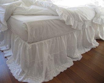 Lace bed skirt bedskirt - White eyelet lace cotton Dust ruffle - QUEEN KING Bed skirt scalloped edge - shabby chic romantic elegant bedding