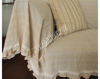 Sofa throw cover rectangle-ruffled-large couch coverlet- pet furniture protectors -lightweight white ivory Buldan fabric Nurdanceyiz Turkey