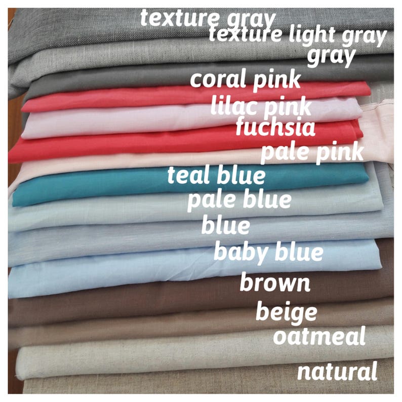 May include: A stack of fabric swatches in various colors, including natural, oatmeal, beige, brown, baby blue, blue, pale blue, teal blue, pale pink, fuchsia, lilac pink, coral pink, gray, light gray, and texture gray.
