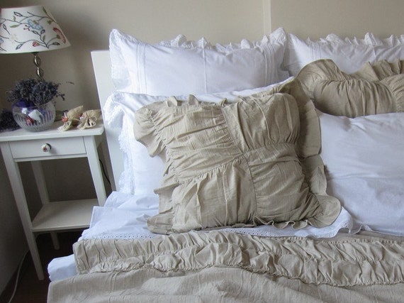 Ruched Bedding linen Euro Pillow Shams Ivory White Gray Oatmeal