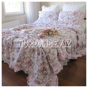 shabby chic Bedding Red green Pink roses floral print Twin/Full/Queen/Cal King duvet cover shabby chic ruffled romantic bedroom Nurdanceyiz
