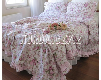 shabby chic Bedding Red green Pink roses floral print Twin/Full/Queen/Cal King duvet cover shabby chic ruffled romantic bedroom Nurdanceyiz