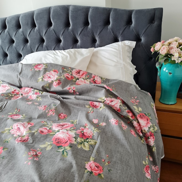 Duvet cover gray pink rose floral -Shabby chic Bedding-grey rose floral cotton Queen duvet cover /Grey King duvet cover custom Nurdanceyiz