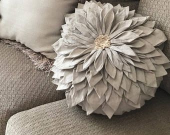 Linen Flower Pillow Cover - Boho Medallion Applique, Round or Square