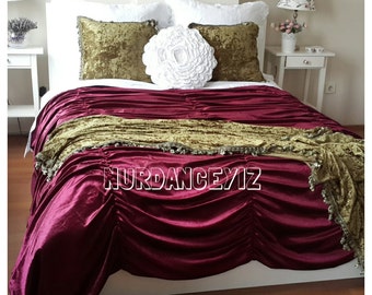 Luxury RUCHED velvet bedding duvet cover-Waterfall Bohemian rustic chic flowy bedding custom -queen king damson velvet bedspread Nurdanceyiz