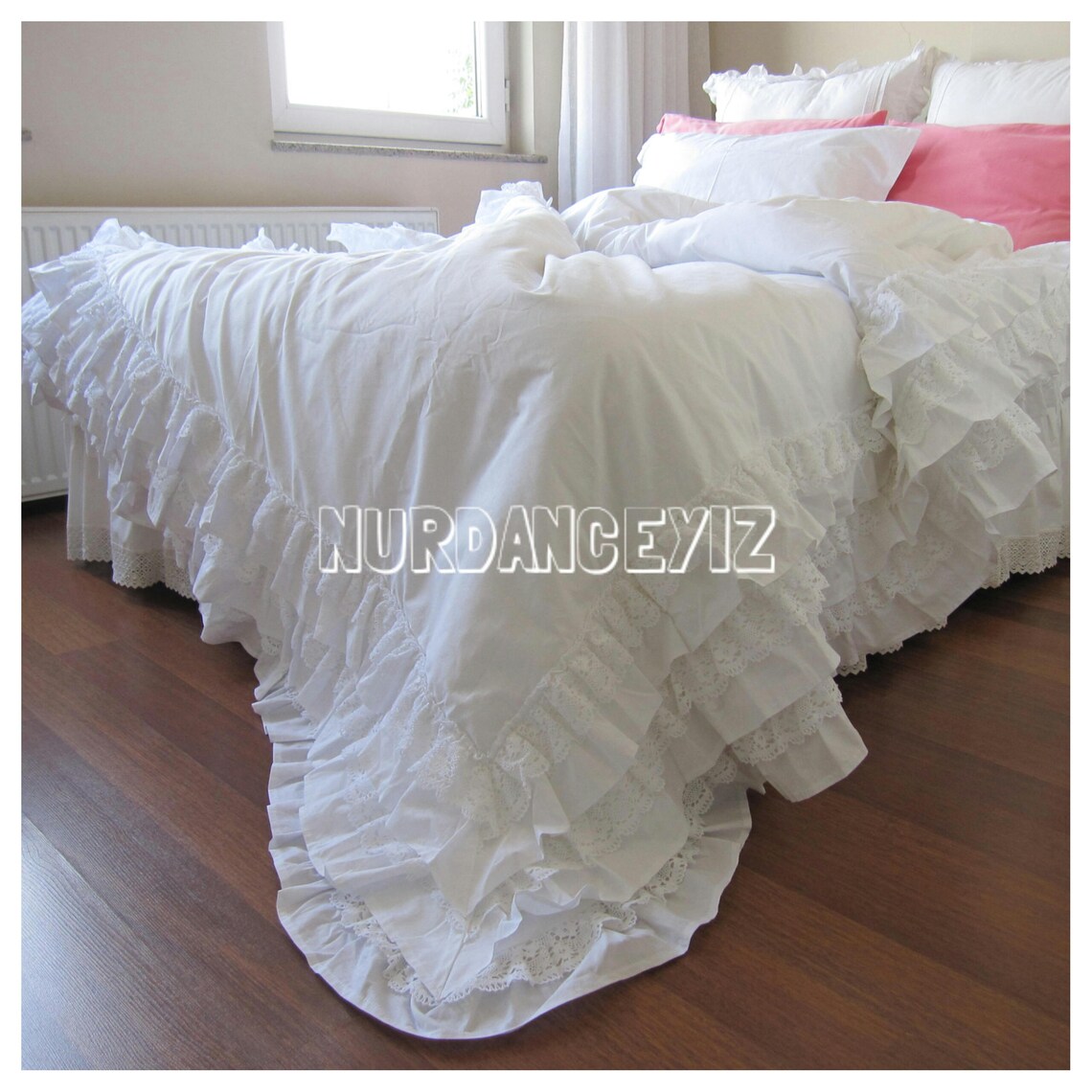 Ruffle lace frill bedding-duvet cover Queen King-solid white | Etsy