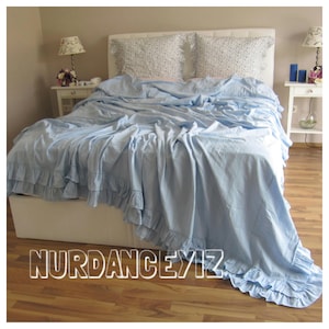 Oversized grande Super KING 120x120 Turkish summer blanket White pink blue queen coverlet Ruffled bedspread cotton linen Shabby chic bedding