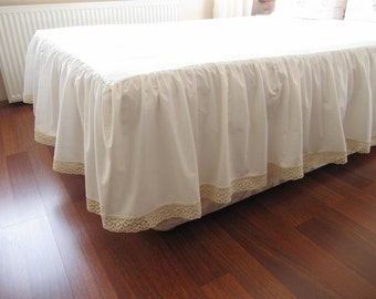 Ivory cotton bedskirt Custom drop 14 18 20 22 inch Queen King Dust skirt ruffle, Bed skirt, solid White, ivory lace shabby chic bedding