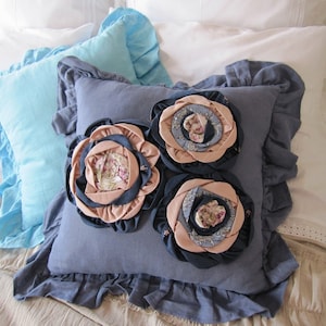 Housse de coussin à fleurs, coussin carré - coussin décoratif shabby chic en patchwork, couvre-lit en lin rose bleu - literie bohème maison shabby chic