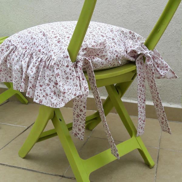 Floral Chair cushion cover with ties - linen 3 sided ruffled- French country shabby chic home pink blue mint
