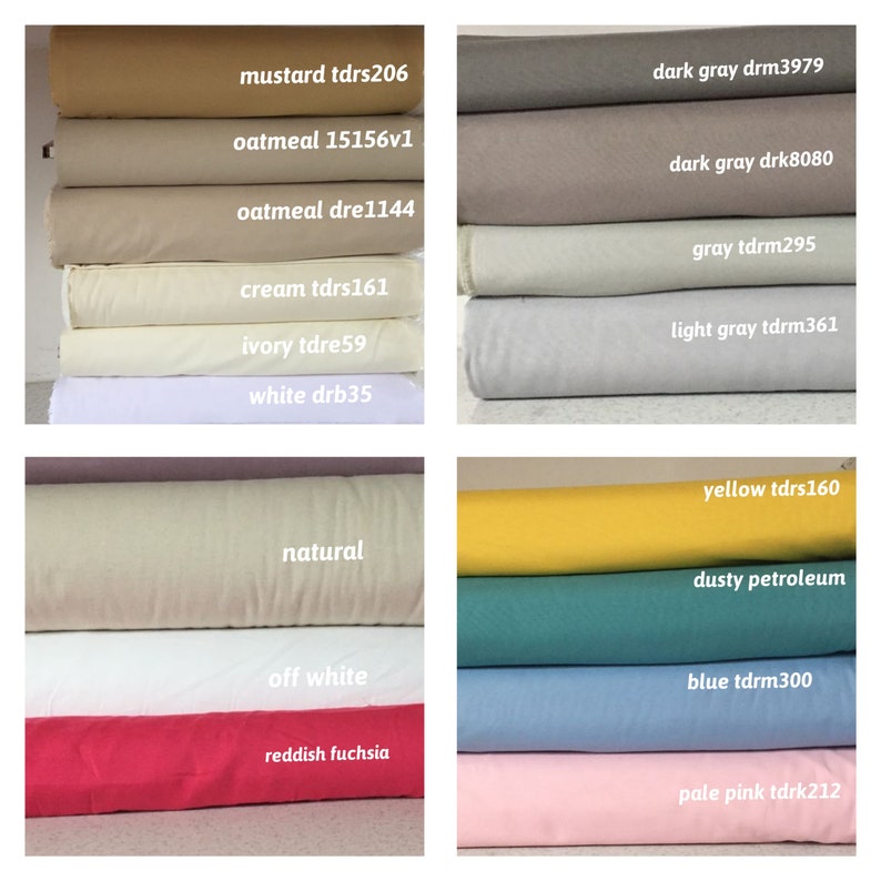 May include: A collection of fabric swatches in various colors, including mustard, oatmeal, cream, ivory, white, dark gray, light gray, yellow, dusty petroleum, blue, and pale pink. Each swatch has a color name and a code printed on it.