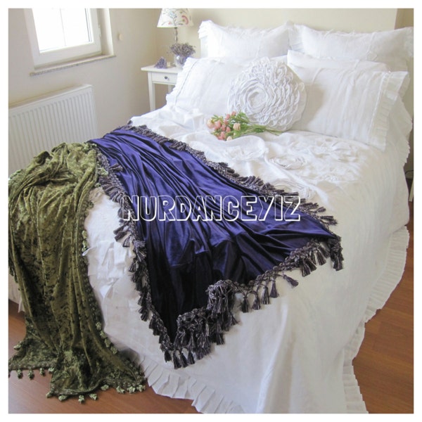 Velvet throw blanket tassel fringe trim -Bed scarf runner velvet bedding queen king bedspread, coverlet velvet sofa couch throws Nurdanceyiz