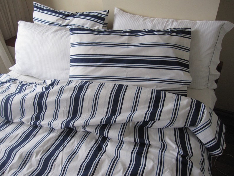 Nautical White Navy Blue Sailor Stripe King Twin Xl Queen Size Etsy