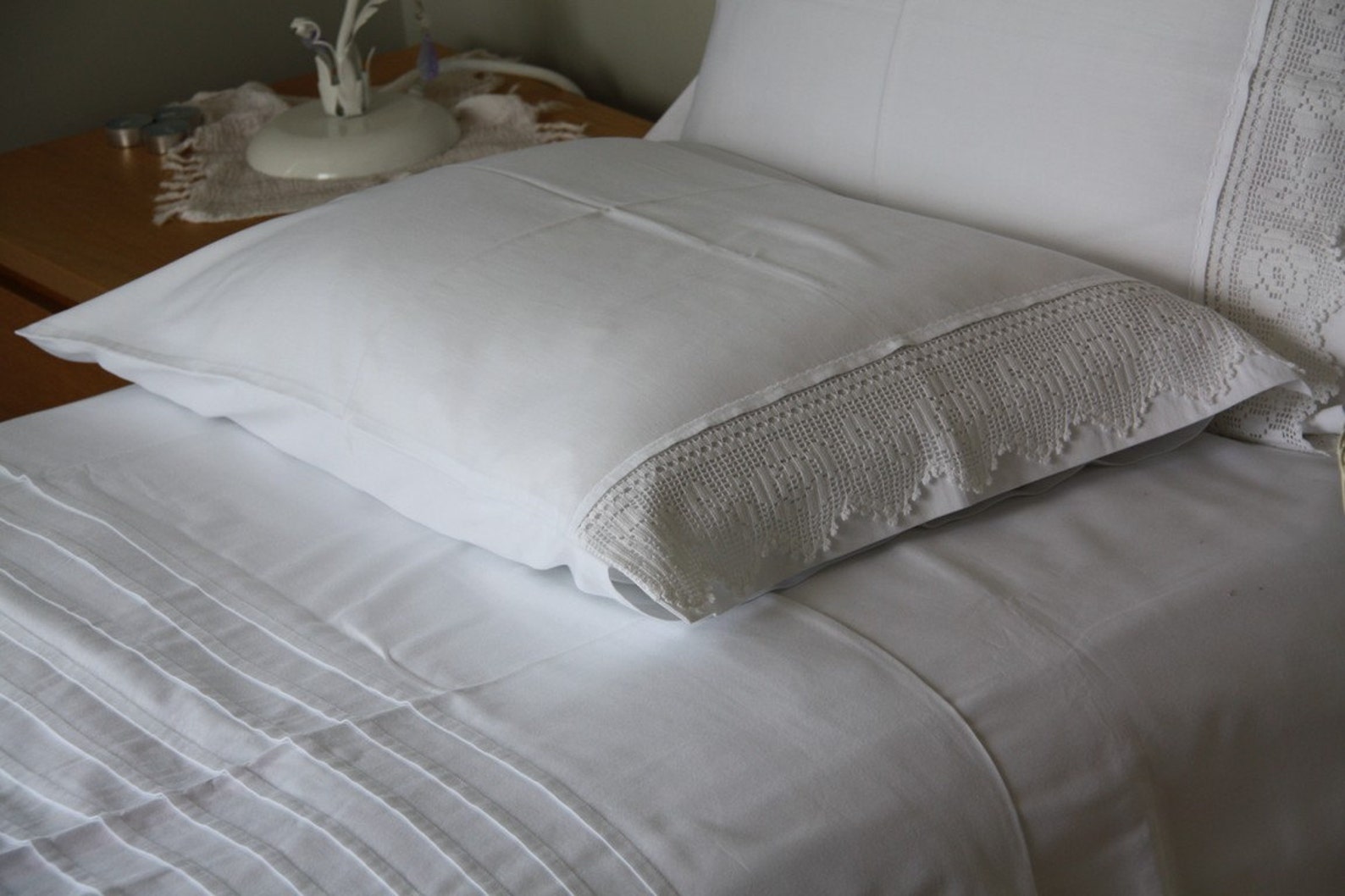 Plain White standard queen Pillowcase with handmade crochet Etsy