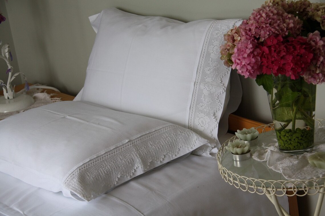 Plain White standard queen Pillowcase with handmade crochet Etsy