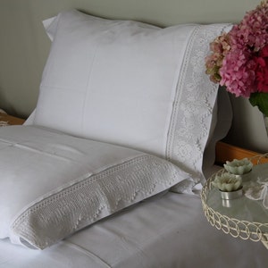 White standard queen Pillowcase with handmade crochet lace. French Country home -shabby chic bedding bed pillow cases cotton Turkish Turkey