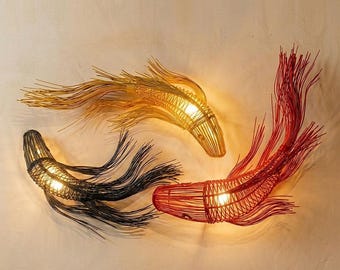 Rattan fish pendant light fish wall hanging light unique wicker handmade art deco lamp hanging living room