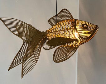 Rattan fish ceiling light hanging pendant lamp unique lighting handmade room decor