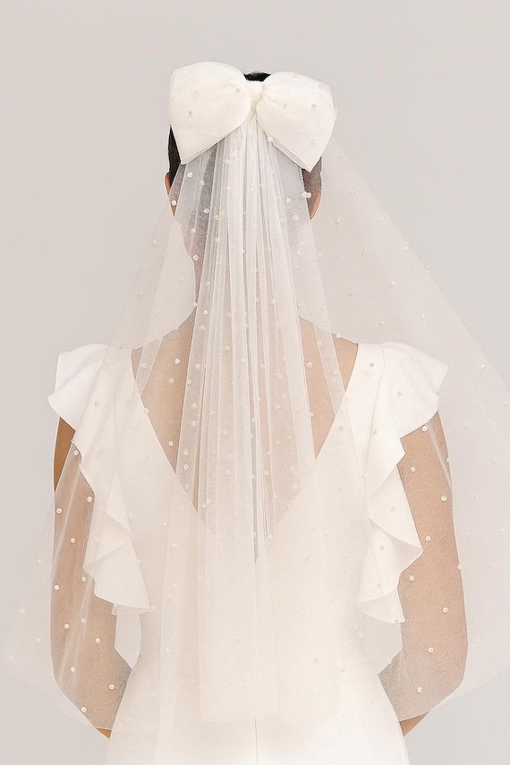Pearl Tulle Short Bridal Veil With Bow - Etsy display picture 3