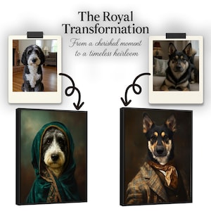 Before-and-after custom pet portrait transformation—see how a dog and a shepherd photo become royal Renaissance-style oil paintings on canvas.