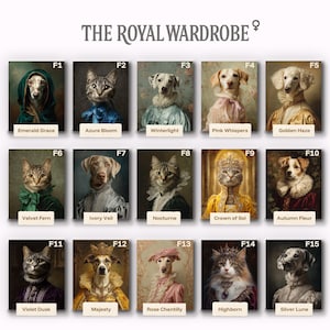 Female custom pet portrait wardrobe grid—15 elegant Renaissance costumes for dogs or cats, vibrant examples to choose your royal outfit.