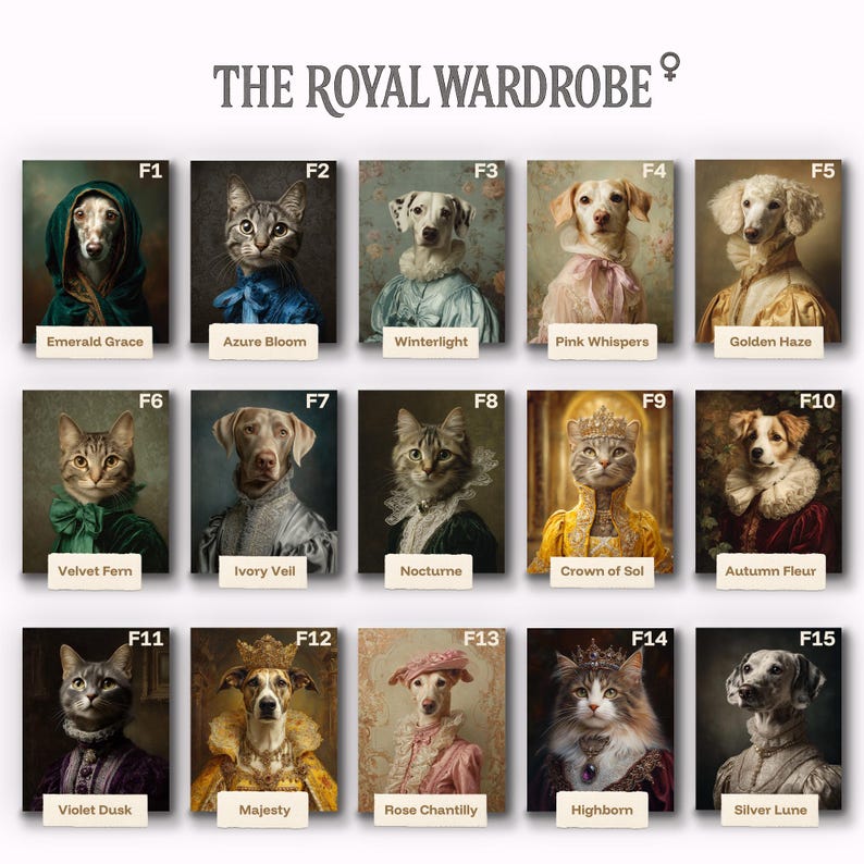 Female custom pet portrait wardrobe grid—15 elegant Renaissance costumes for dogs or cats, vibrant examples to choose your royal outfit.