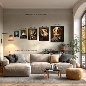 Size guide mock-up—various canvas sizes of custom pet portraits displayed above a 104-inch sofa, wall measurement helps buyers visualize.