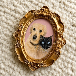 Custom Two Pet Portrait or 1 Pet, Hand-painted Acrylic Dog Cat Painting in Ornate Frame, Miniature Animal Memorial, Mother's Day Gift