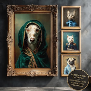 Gallery wall mock-up showing framed custom pet portraits—museum-grade canvas, ornate gold frame, perfect inspiration for home decor buyers.