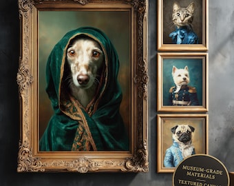 Digitales Ölgemälde auf Leinwand, Renaissance Hund und Katze, Geschenk für Tierliebhaber, Einzigartiges Wohndekor
