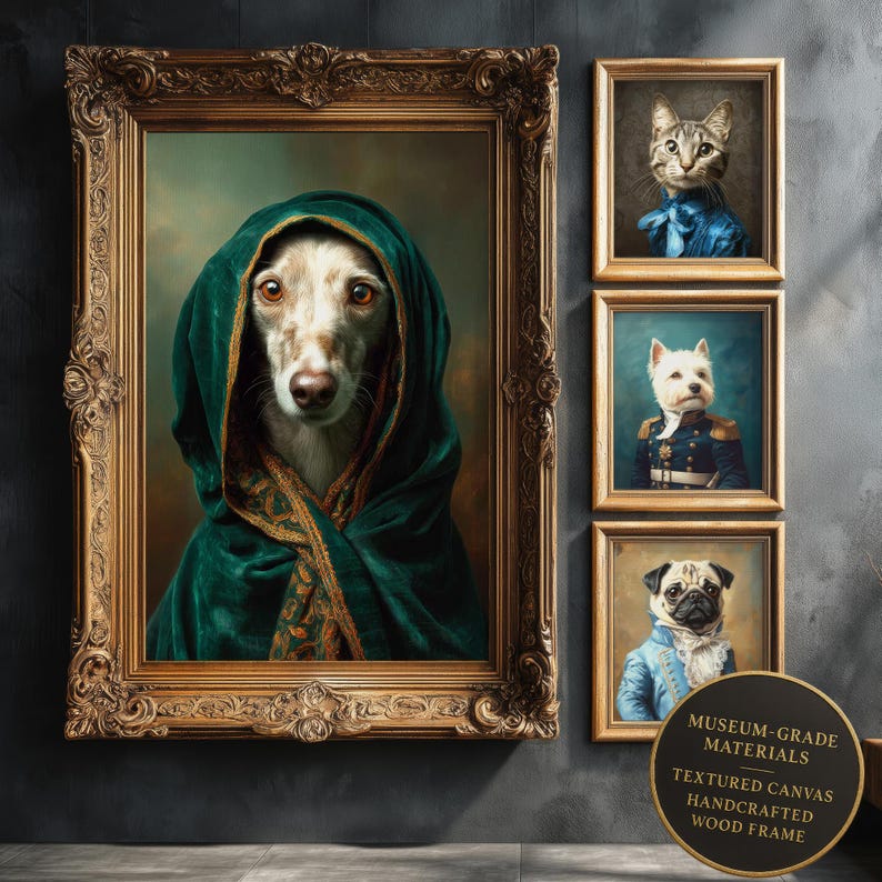 Gallery wall mock-up showing framed custom pet portraits—museum-grade canvas, ornate gold frame, perfect inspiration for home decor buyers.
