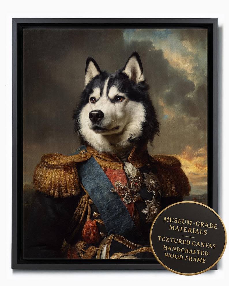 Close-up of a husky in full dress uniform—museum-grade framed pet portrait printed on textured canvas, handcrafted black wood frame detail.