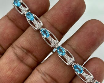Blue Topaz Bracelet, Natural Swiss Blue Topaz Oval Sterling Silver Tennis bracelet, December birthstone, Gift for her, Delicate bracelet