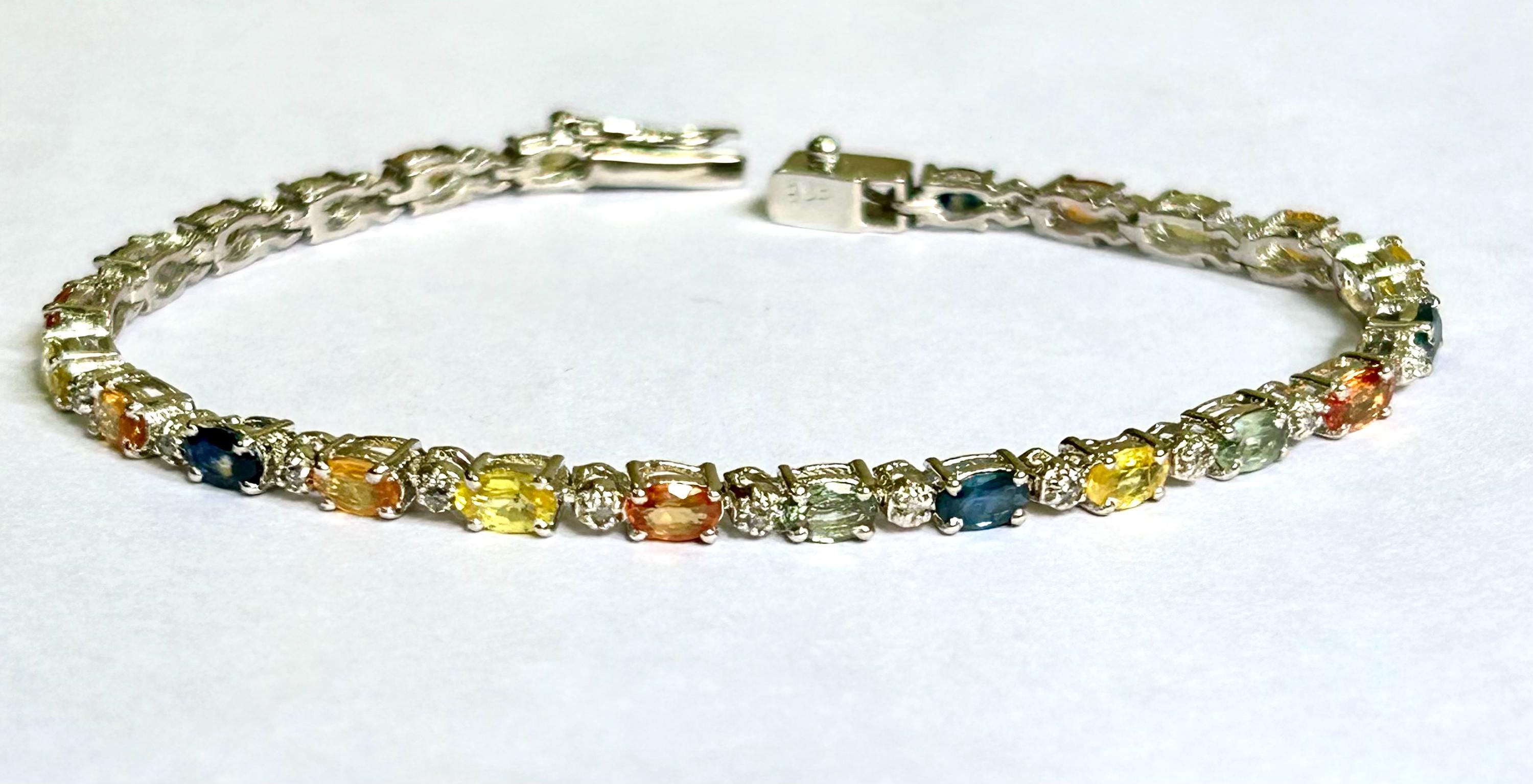 Natural sapphire Diamond 18K Gold Sterling Silver Tennis bracelet, Multi Colour Sapphire Diamond Handmade bracelet, September birthstone