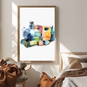 Watercolor Train Wall Art, Colorful Locomotive Print, Kids Room Decor, Nursery Wall Poster, Toddler Boys Transportation Digital Download