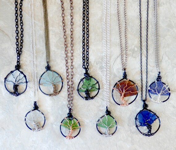 Tree Of Life Necklace Chain Necklace Beach Glass Jewelry Finger Lakes Bohemian Style Necklace Gifts For Nature Lovers Tree Pendant