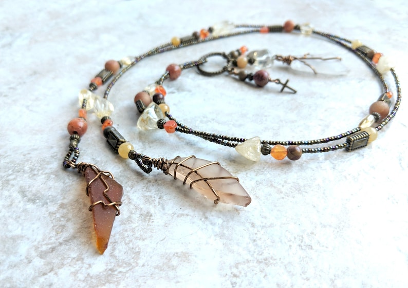 Beach glass necklace yellow and orange jewelry gifts for women 3 in 1 jewelry cross necklace her Citrine and Carnelian Bohemian Lariat