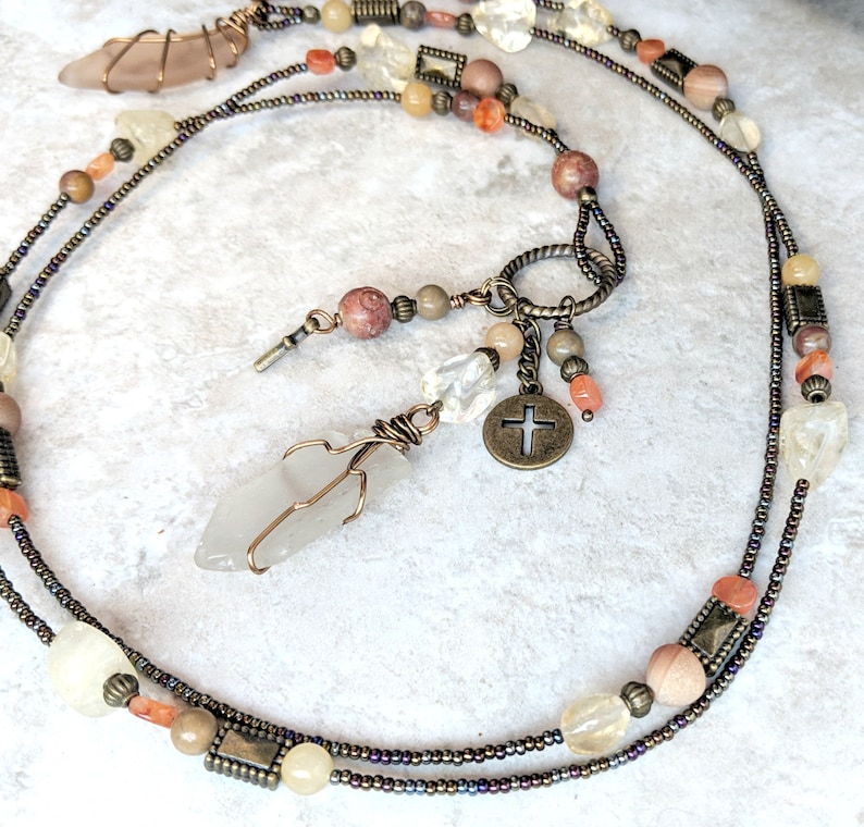 Beach glass necklace yellow and orange jewelry gifts for women 3 in 1 jewelry cross necklace her Citrine and Carnelian Bohemian Lariat