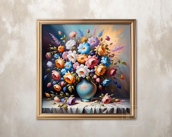 Afdrukbaar bloemenolieverfschilderij – kleurrijk boeket in vaas, digitale muurkunst met hoge resolutie, direct downloaden