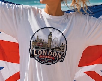 Embleem Londen, Engeland, png - vintage borduurpatch Londen skyline - ontwerp Big Ben rode bus - DTF-sublimatieafbeelding