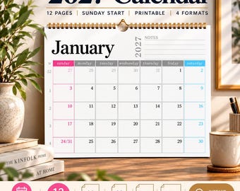 May include: A 2027 wall calendar with a gold spiral binding, featuring a January page with a Sunday start, a notes section, and a grid layout. The calendar includes 12 pages, is printable, and comes in A4, A3, Letter 11 x 8.5 inches, and Ledger 17 x 11 inches.
