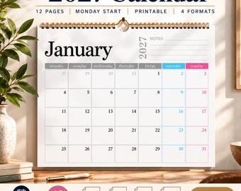 May include: A 2027 wall calendar with 12 pages and a Monday start. The January page features a grid with gray, blue, and pink columns for days, a notes section, and a gold spiral binding. Text includes 2027 Calendar, 12 Pages, Monday Start, Printable, 4 Formats, A4, A3, Letter, and Ledger.