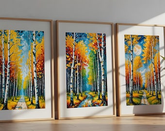 Set van 4 berkenbosafdrukken, verticaal olieverfschilderijlandschap, modern decor (digitale download)