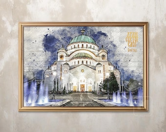 Belgrade / Serbia / St Sava Temple / Print: Serbian Orthodox Church Watercolor Sketch (Digital Download)