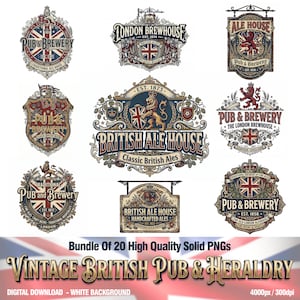 Könnte beinhalten: Eine Sammlung von Vintage-Logos für britische Pubs und Brauereien in verschiedenen Designs. Die Logos zeigen heraldische Elemente, den Union Jack und Texte wie "British Ale House" und "London Brewhouse". Das Bild enthält den Text "Bundle Of 20 High Quality Solid PNGs".
