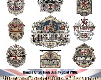 Vintage bundel Britse pub en heraldiek - 20 solide png's van hoge kwaliteit - Ale House-logoontwerpen - traditionele pubborden - digitale download